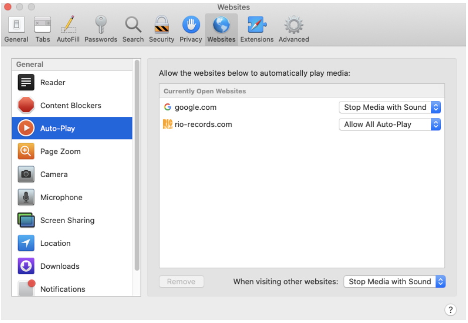 Safari Auto-Play settings